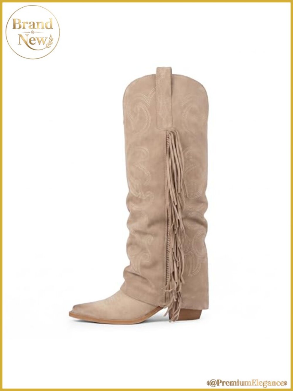 Fold Over Fringe Western Cowboy Knee High Boots Chunky Block Heel